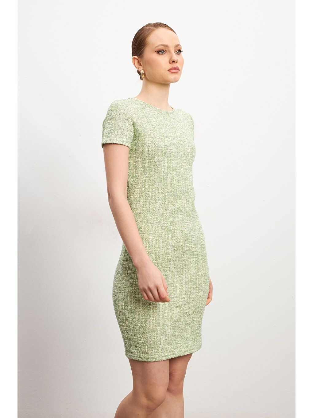 Kadın Yeşil Tüvit Kısa Kollu Mini Bisiklet Yaka Elbise-1