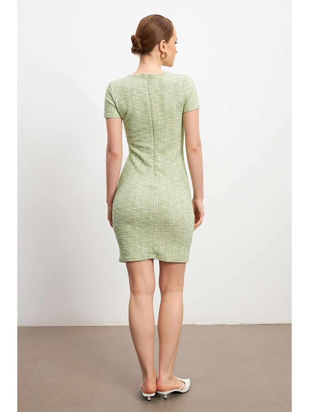 Kadın Yeşil Tüvit Kısa Kollu Mini Bisiklet Yaka Elbise-2