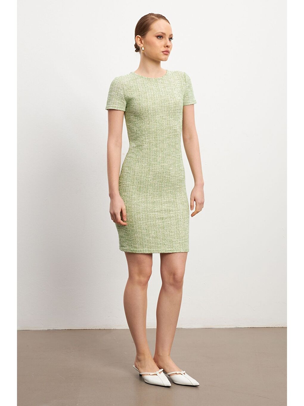 Kadın Yeşil Tüvit Kısa Kollu Mini Bisiklet Yaka Elbise-3