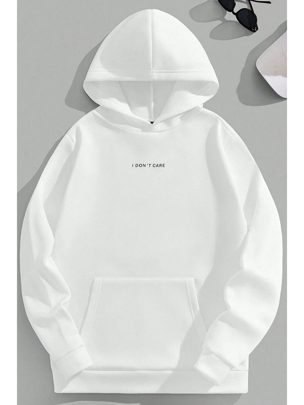 Kadın 3 İplik Beyaz Oversize I Dont Care Baskılı Kapüşonlu Sweatshirt Hoodie