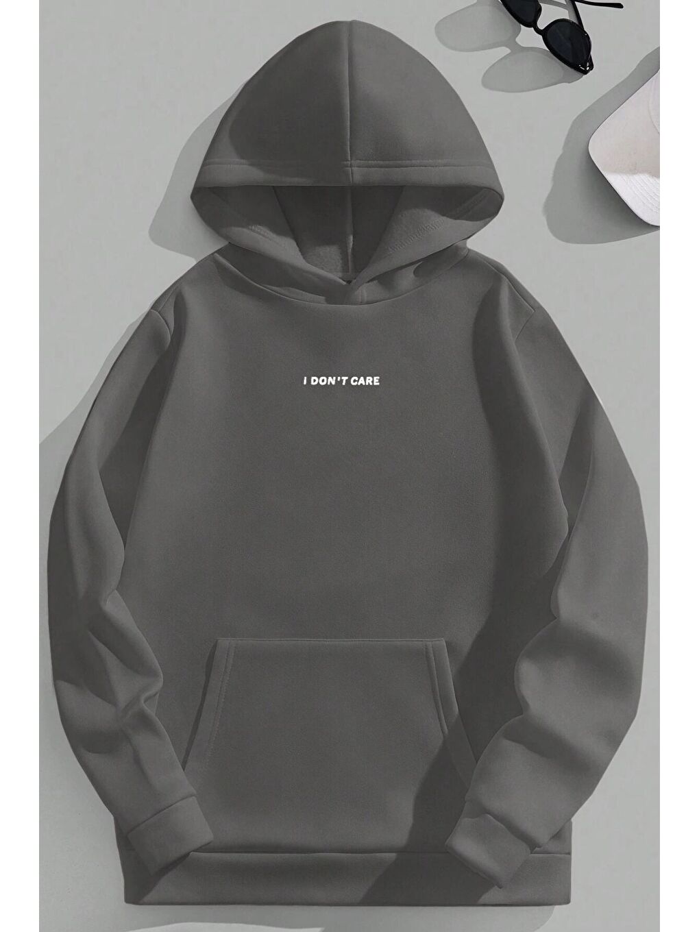 Gri Kadın 3 İplik Füme Oversize I Dont Care Baskılı Kapüşonlu Sweatshirt Hoodie