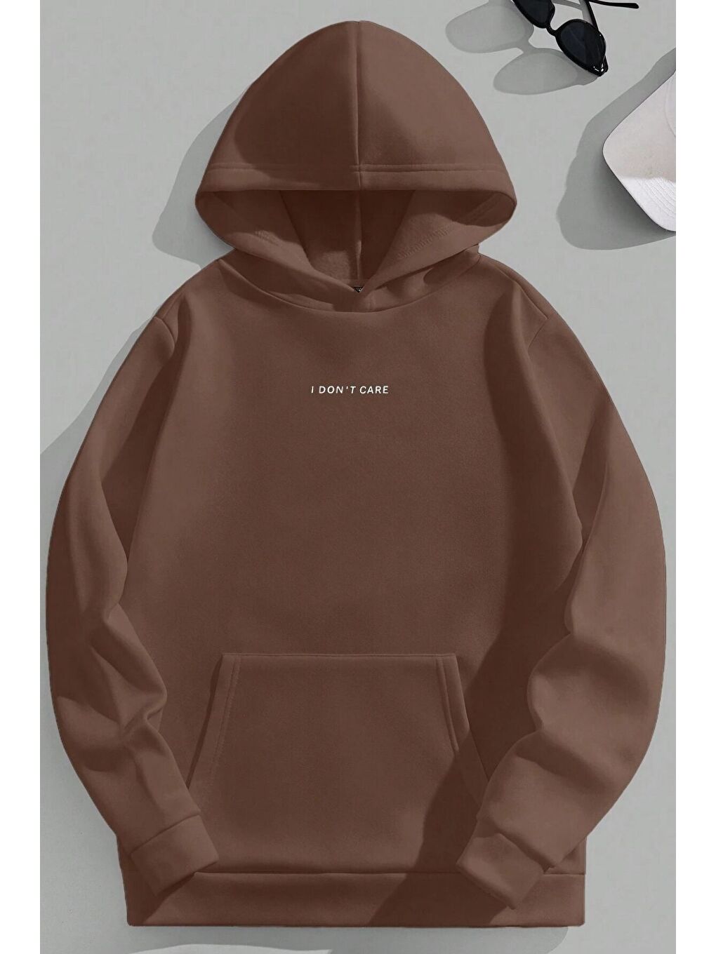 Kadın 3 İplik Kahverengi Oversize I Dont Care Baskılı Kapüşonlu Sweatshirt Hoodie