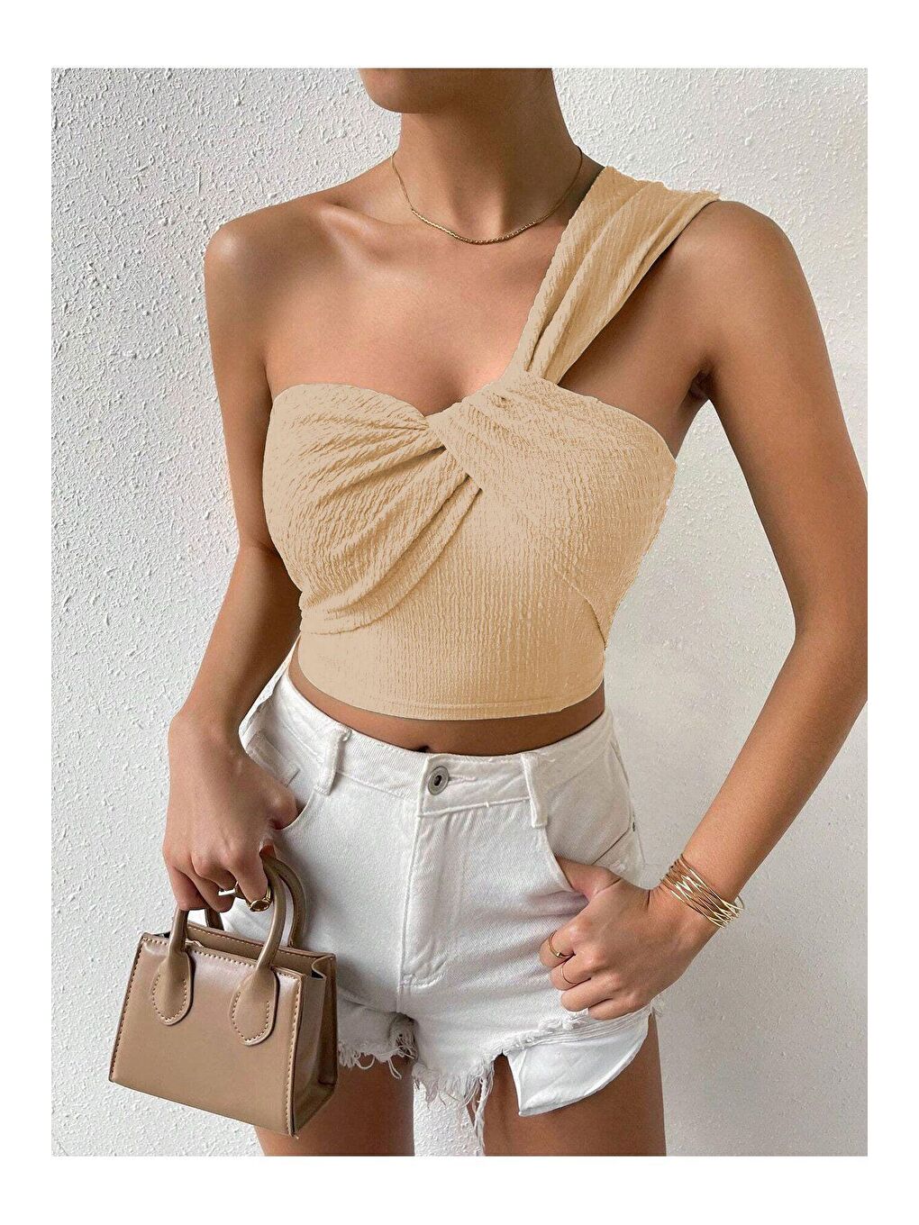 Bej Tek Omuzlu Bükümlü Crop Bluz