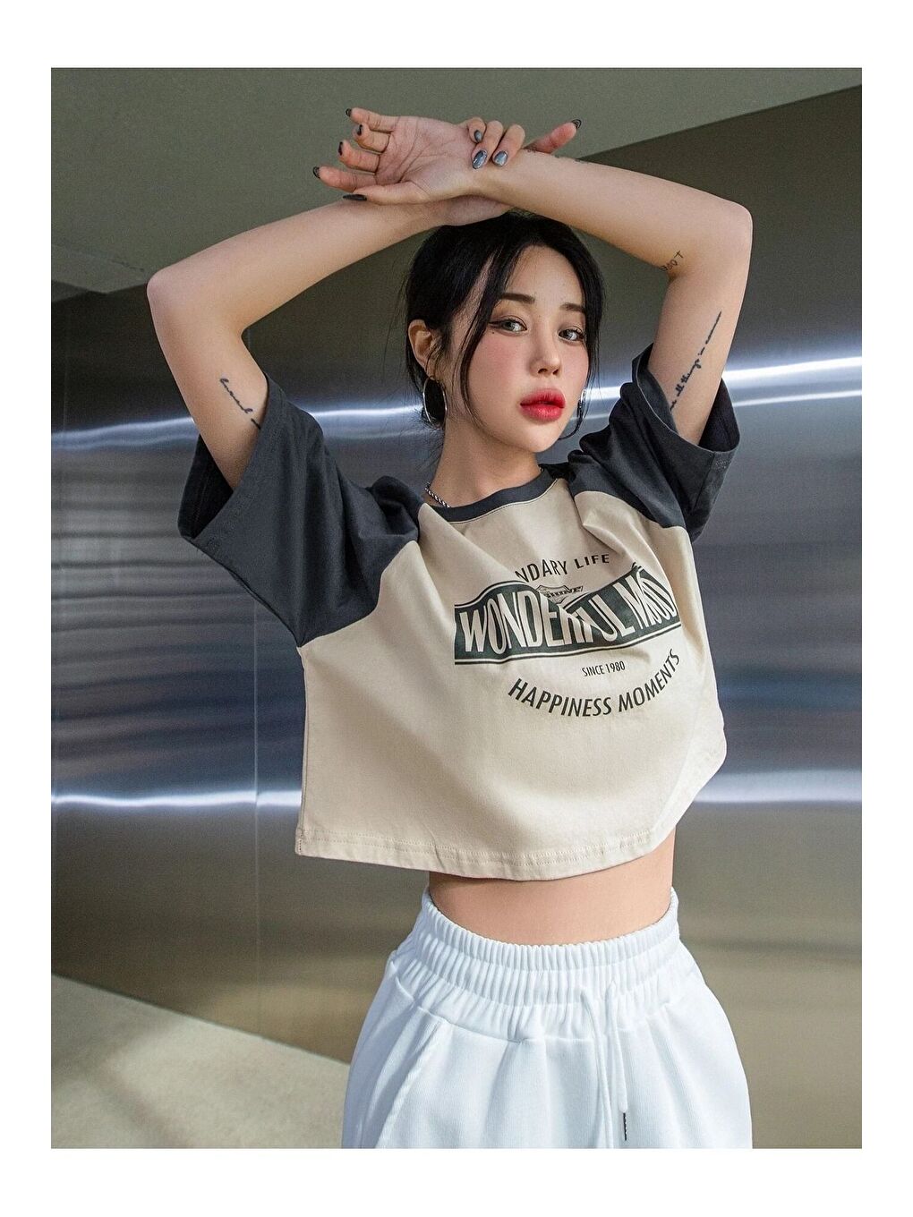 Beyaz Wonderful Mood Süprem Crop T Shirt Bej Füme Baskılı Oversize Bisiklet Yaka Tişört-2