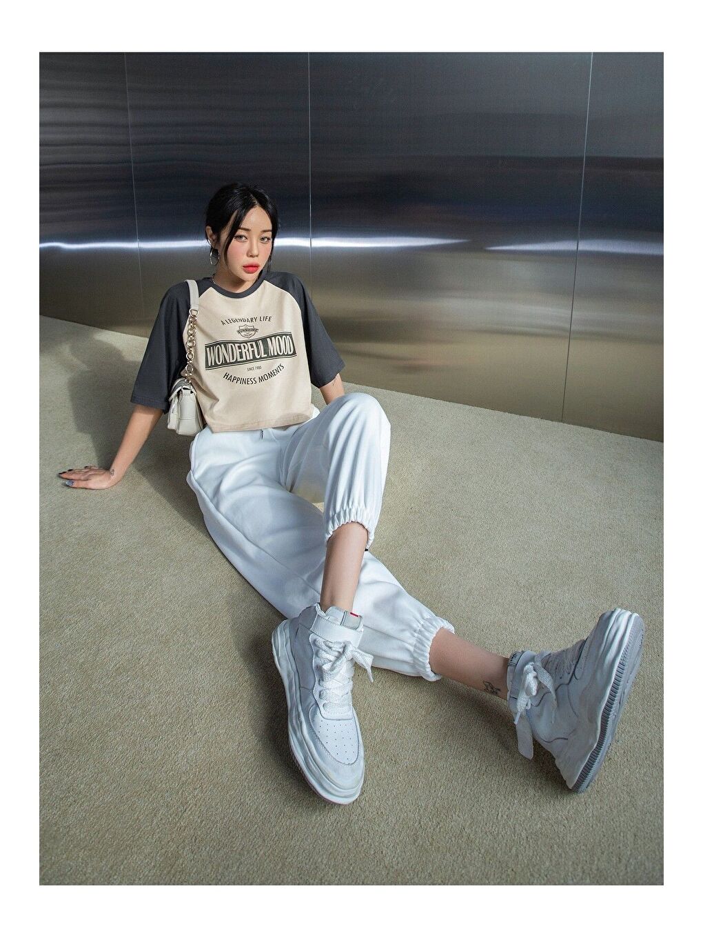 Beyaz Wonderful Mood Süprem Crop T Shirt Bej Füme Baskılı Oversize Bisiklet Yaka Tişört-3