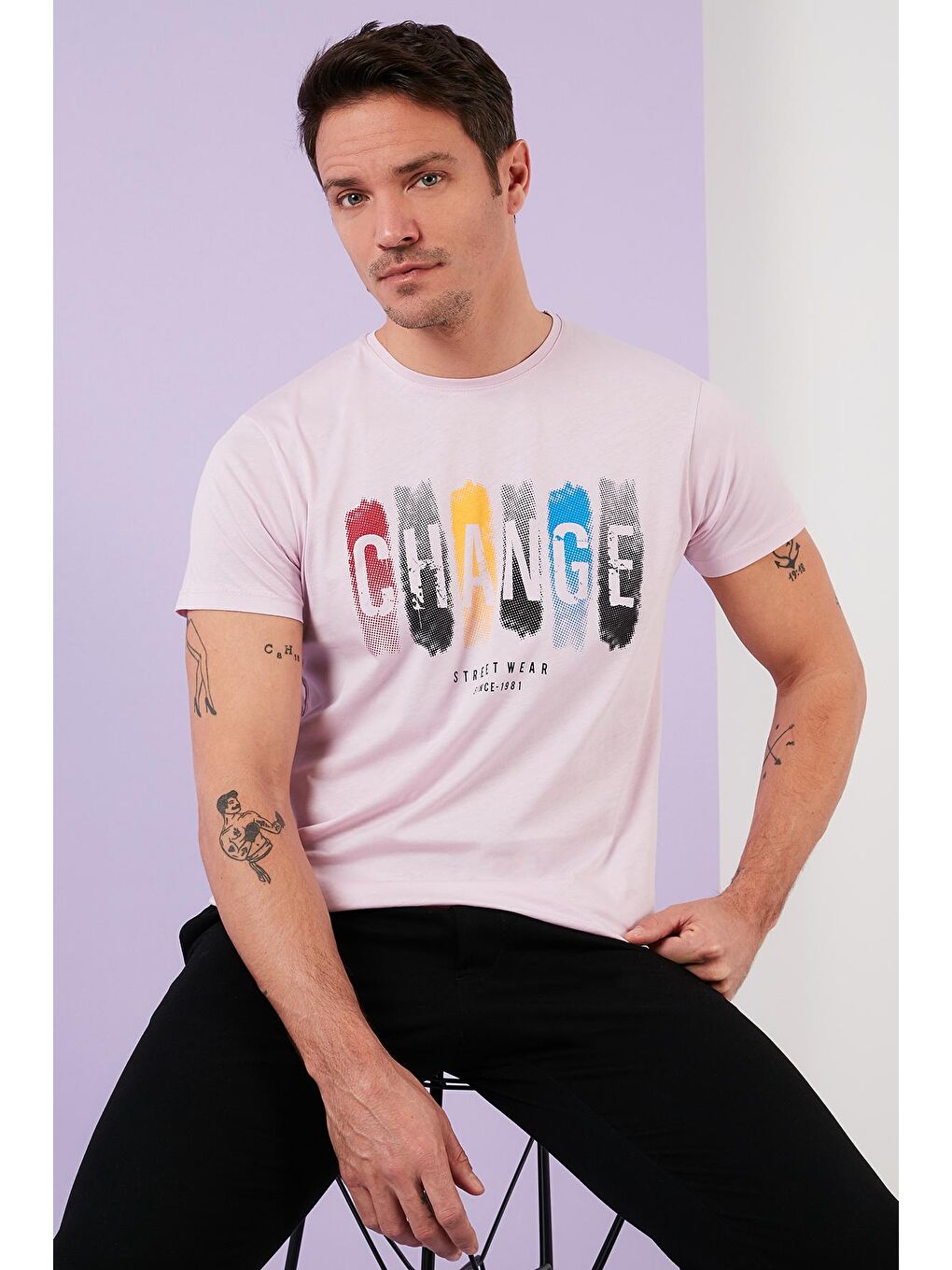 Pembe Baskılı %100 Pamuk Bisiklet Yaka Slim Fit Tişört 541CHANGE