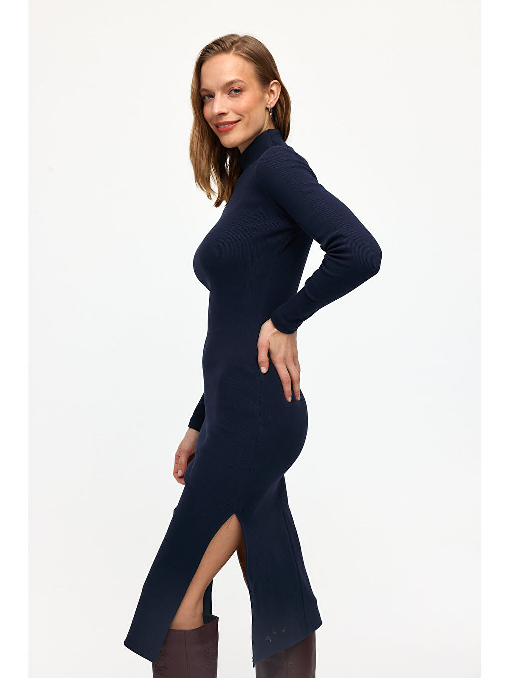 Lacivert Yırtmaçlı Kaşkorse Pamuklu Elbise-1