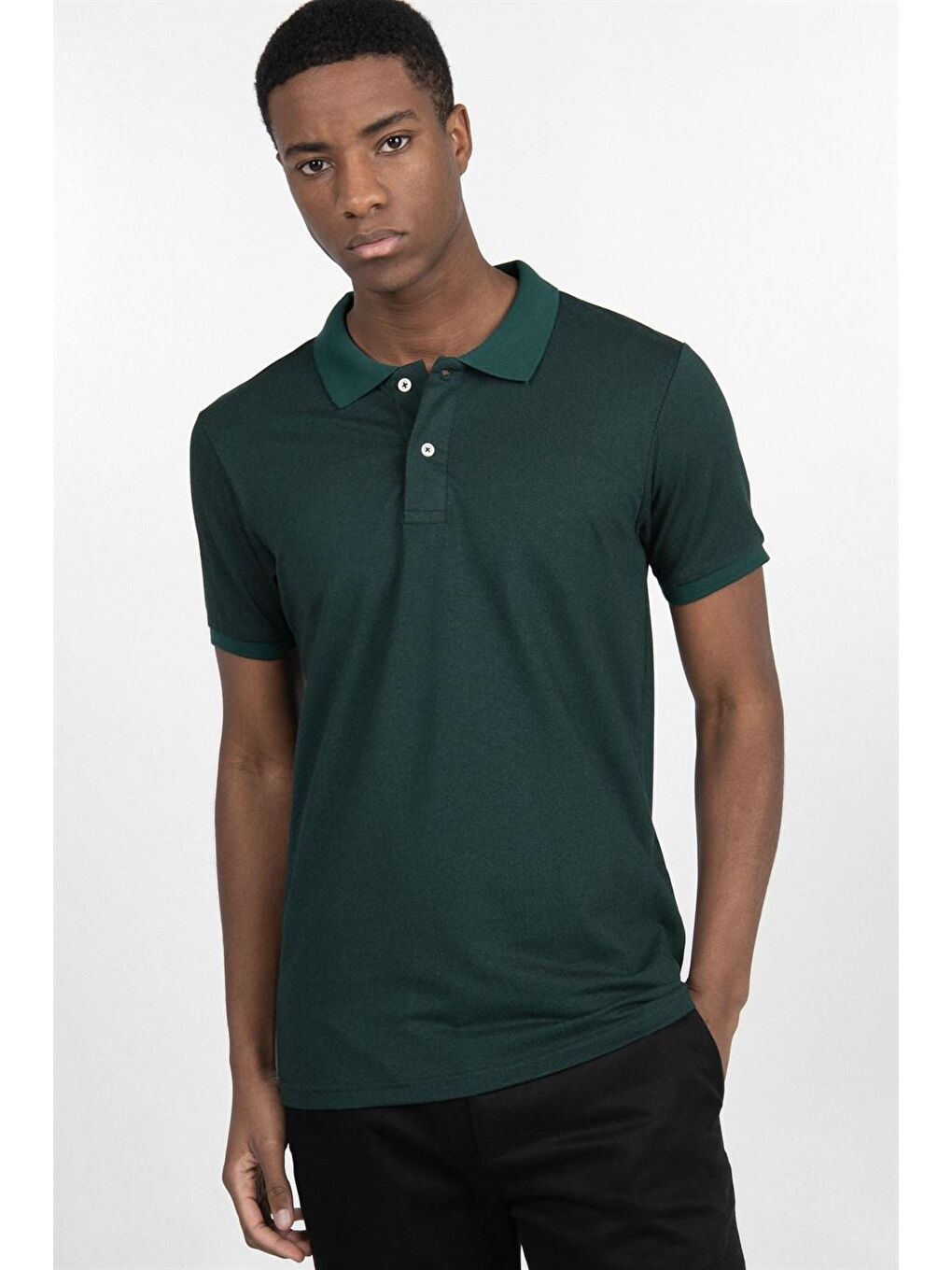 Erkek Slim Fit Dar Kesim %100 Pamuk Düz Pike Yeşil Polo Yaka Tişört