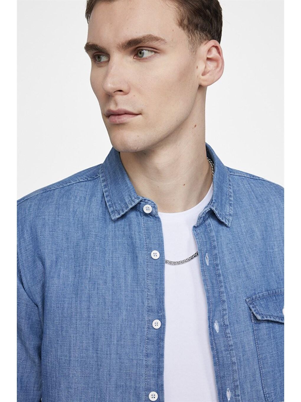 Slim Fit Dar Kesim Tek Cep Kapaklı Pamuklu Denim Mavi Kot Gömlek-2