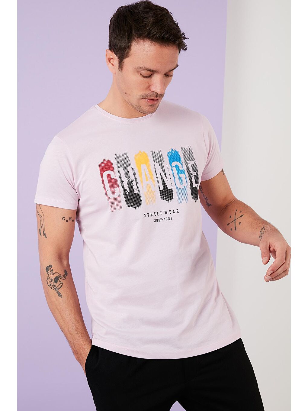 Pembe Baskılı %100 Pamuk Bisiklet Yaka Slim Fit Tişört 541CHANGE-1