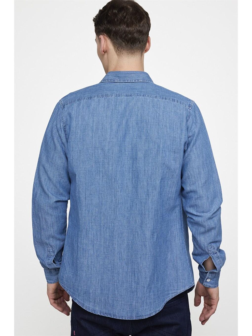 Slim Fit Dar Kesim Tek Cep Kapaklı Pamuklu Denim Mavi Kot Gömlek-3