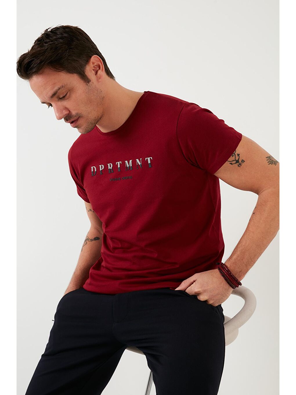 Bordo Baskılı %100 Pamuk Bisiklet Yaka Slim Fit Tişört 541DPRTMINT