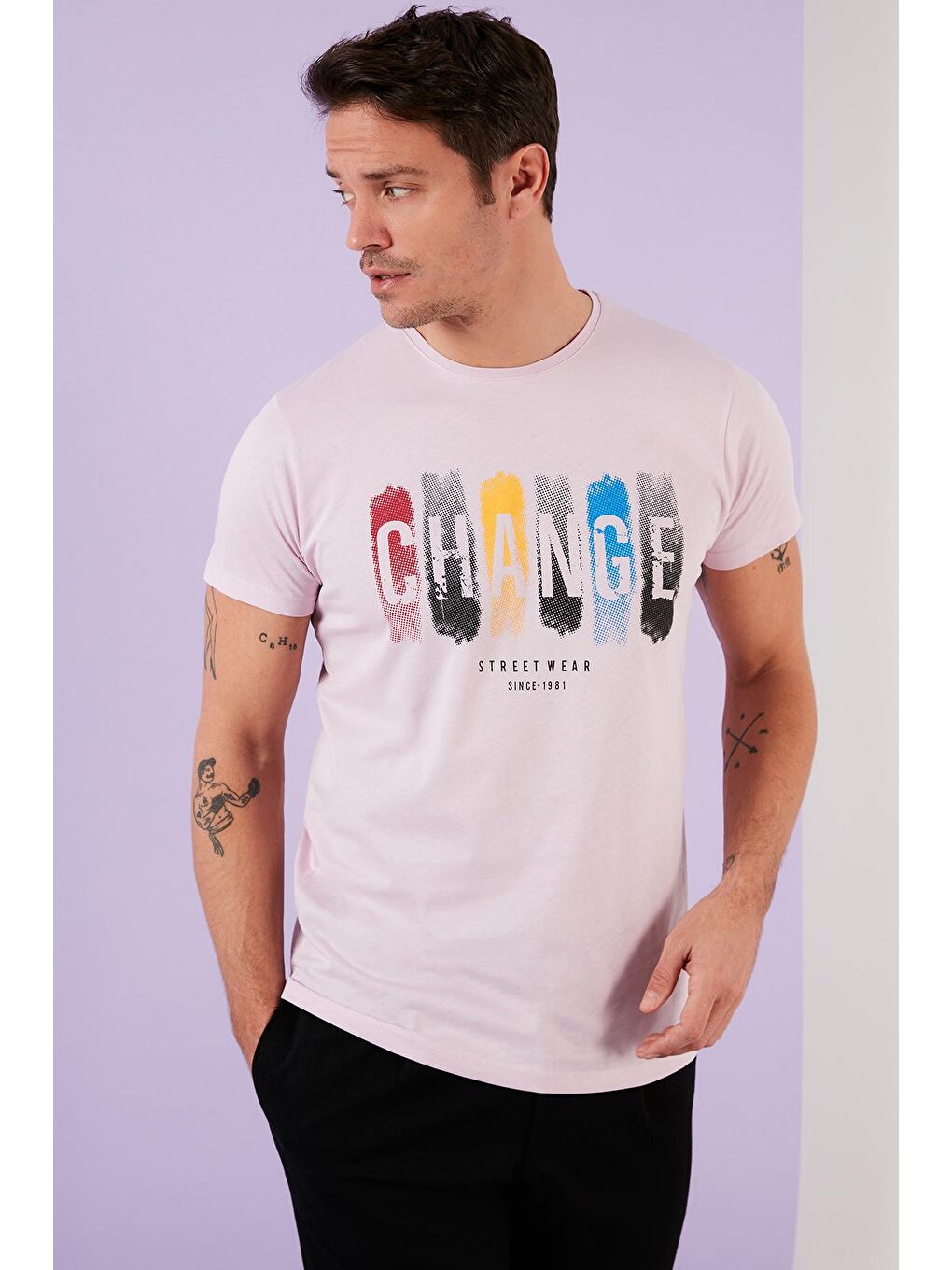 Pembe Baskılı %100 Pamuk Bisiklet Yaka Slim Fit Tişört 541CHANGE-2