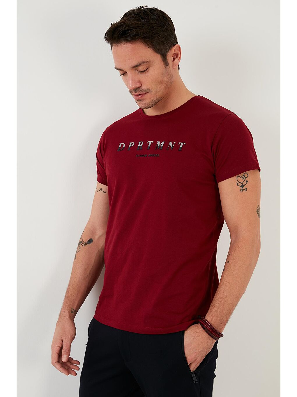 Bordo Baskılı %100 Pamuk Bisiklet Yaka Slim Fit Tişört 541DPRTMINT-1