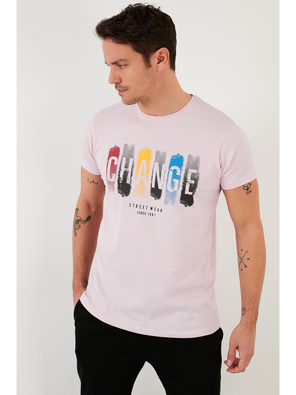 Pembe Baskılı %100 Pamuk Bisiklet Yaka Slim Fit Tişört 541CHANGE-3