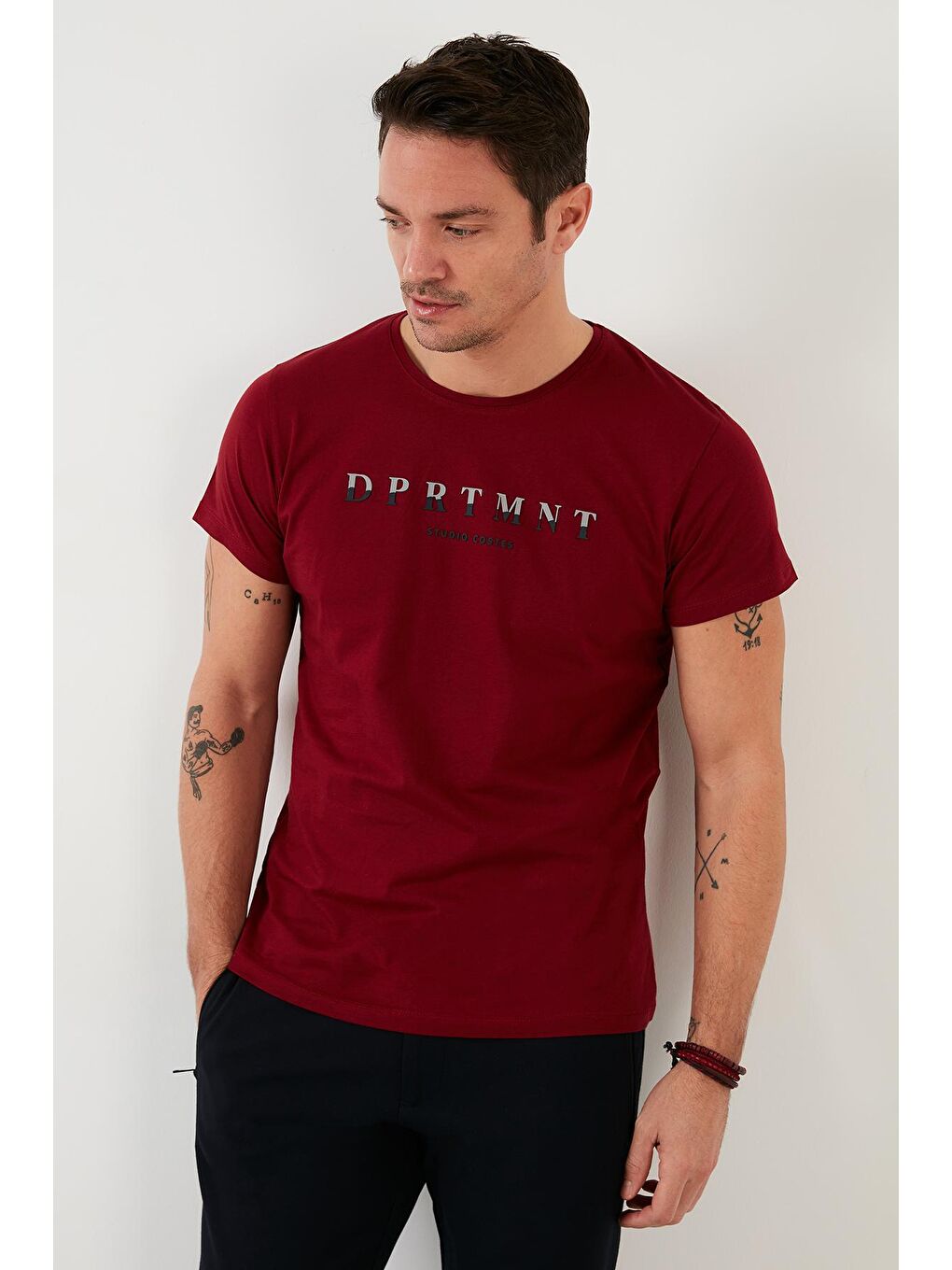 Bordo Baskılı %100 Pamuk Bisiklet Yaka Slim Fit Tişört 541DPRTMINT-2