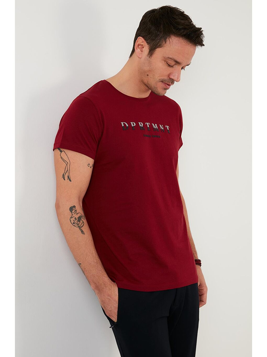 Bordo Baskılı %100 Pamuk Bisiklet Yaka Slim Fit Tişört 541DPRTMINT-3