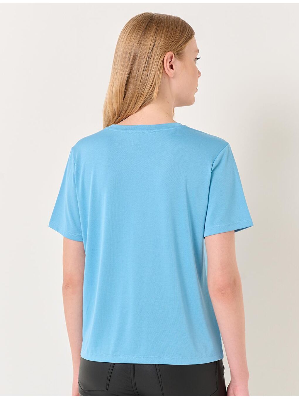Gök Mavisi Düz Kesim Bisiklet Yaka Kısa Kollu Basic Tişört-4