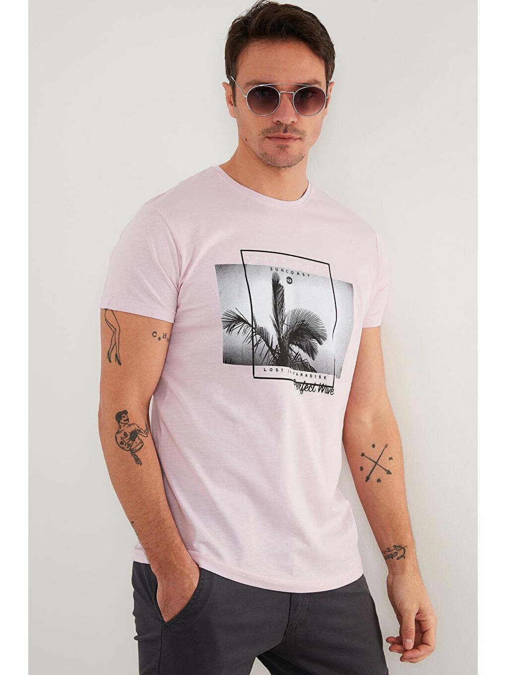 Pembe Baskılı %100 Pamuk Bisiklet Yaka Slim Fit Tişört 541PERFECTWAVE