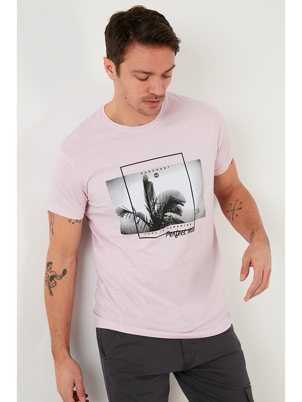 Pembe Baskılı %100 Pamuk Bisiklet Yaka Slim Fit Tişört 541PERFECTWAVE-1