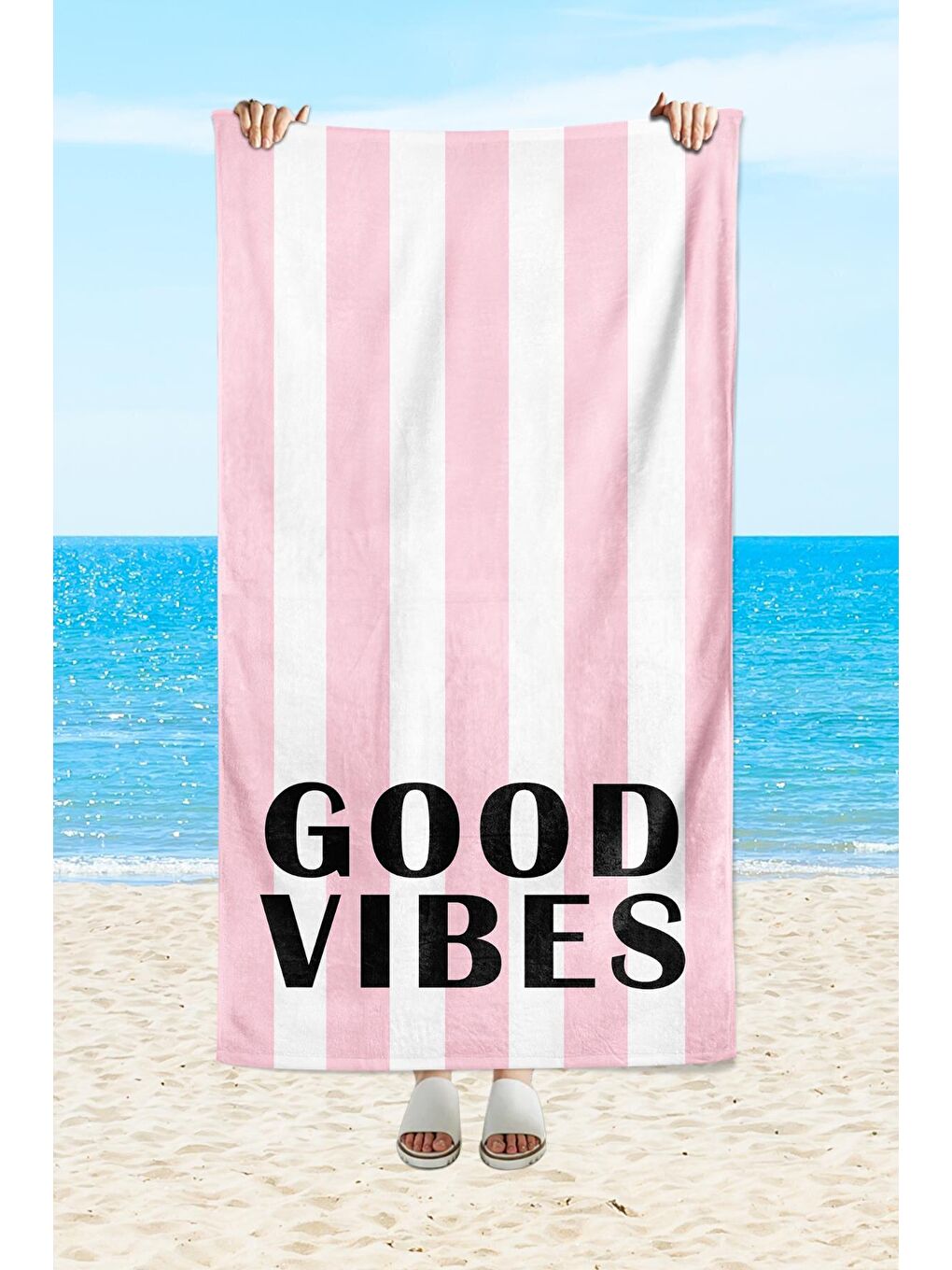 EVMİLA Karışık Good Vibes yazılı baskılı 75x150 cm plaj havlusu