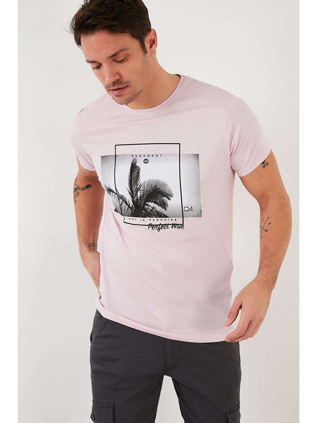 Pembe Baskılı %100 Pamuk Bisiklet Yaka Slim Fit Tişört 541PERFECTWAVE-2