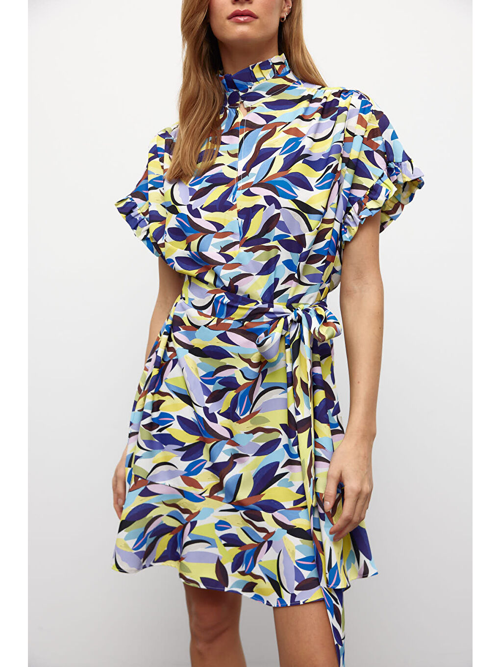 Lila Desenli Rahat Kesim Kemerli Elbise-2