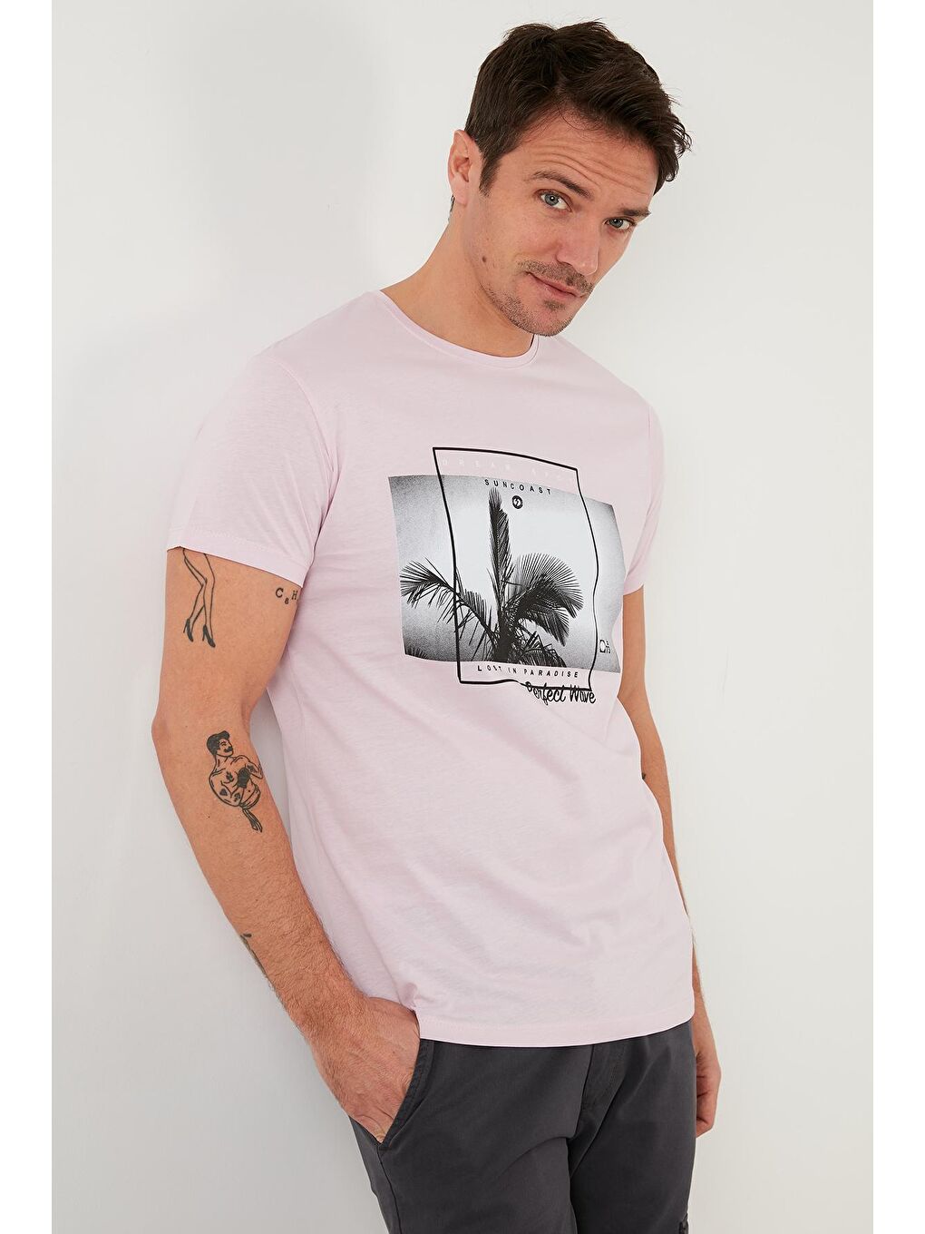 Pembe Baskılı %100 Pamuk Bisiklet Yaka Slim Fit Tişört 541PERFECTWAVE-3