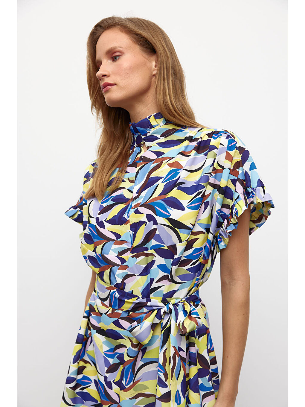 Lila Desenli Rahat Kesim Kemerli Elbise-3