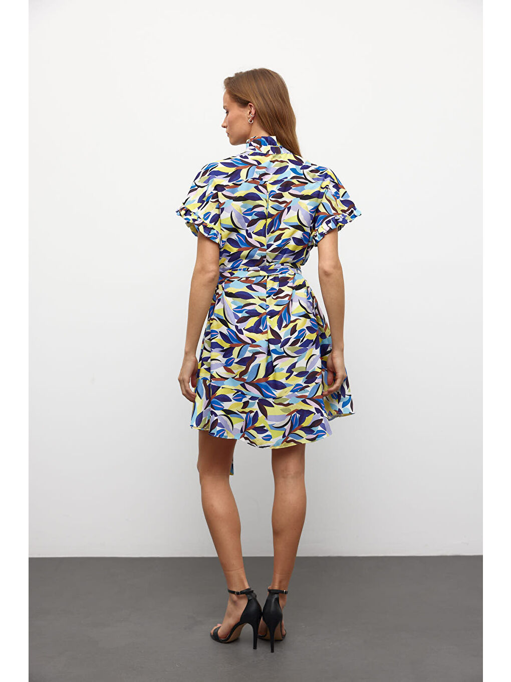 Lila Desenli Rahat Kesim Kemerli Elbise-4