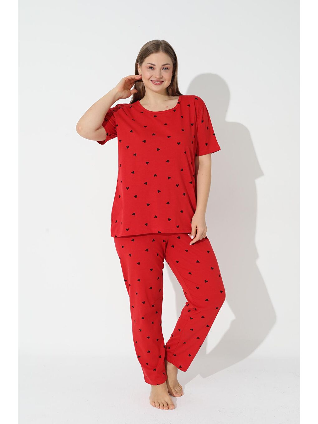 Siyah İnci Kirmizi Kırmızı Curve Büyük Beden Kısa Kollu Pamuklu Pijama Takımı - 1