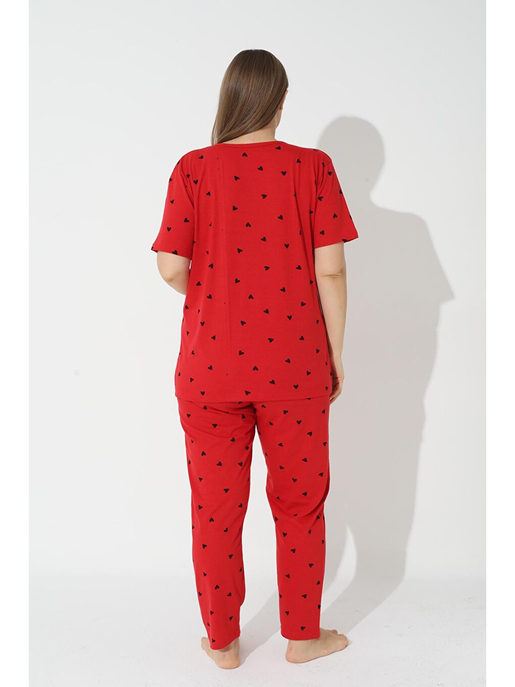 Siyah İnci Kirmizi Kırmızı Curve Büyük Beden Kısa Kollu Pamuklu Pijama Takımı - 2