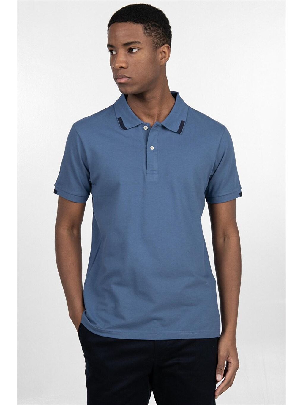 Erkek Slim Fit Dar Kesim %100 Pamuk Düz Pike Mavi Polo Yaka Tişört