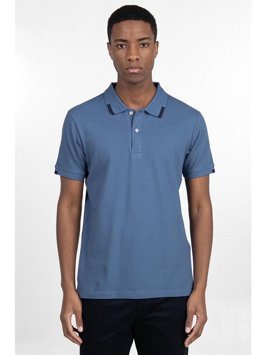 Erkek Slim Fit Dar Kesim %100 Pamuk Düz Pike Mavi Polo Yaka Tişört-1
