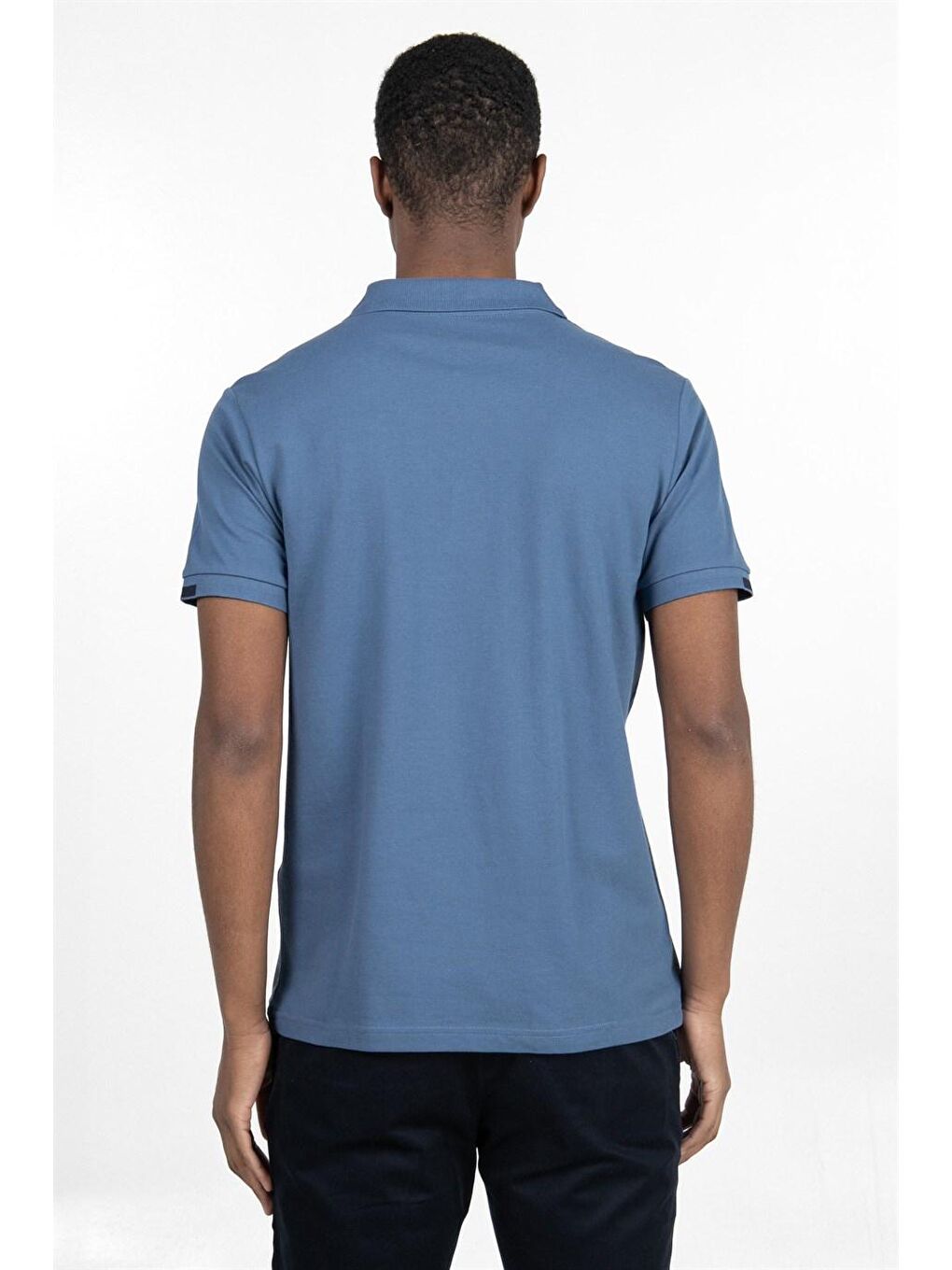 Erkek Slim Fit Dar Kesim %100 Pamuk Düz Pike Mavi Polo Yaka Tişört-3
