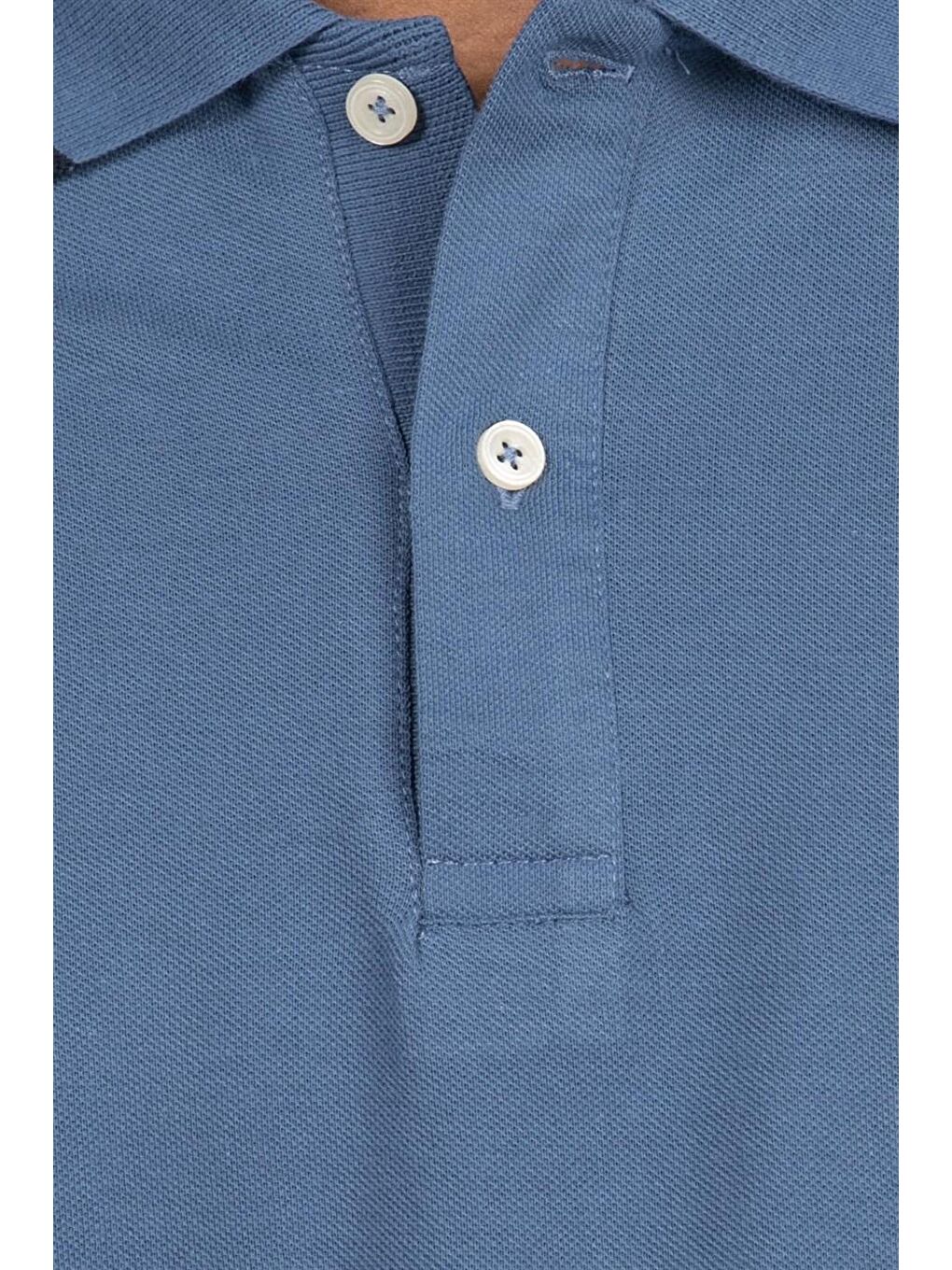 Erkek Slim Fit Dar Kesim %100 Pamuk Düz Pike Mavi Polo Yaka Tişört-4