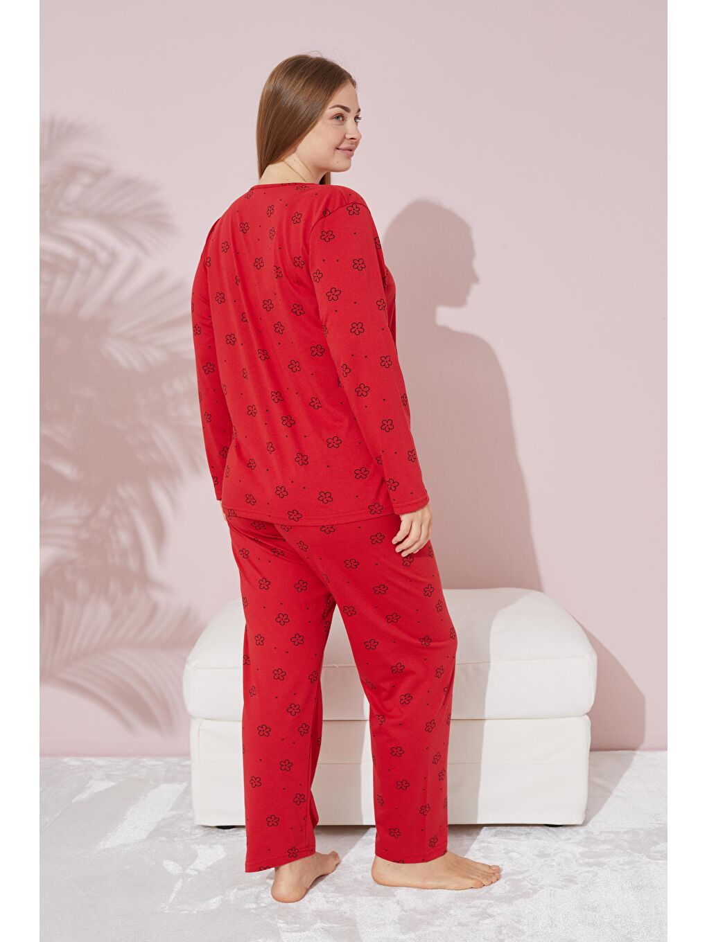 Kırmızı Çiçek Desenli Curve Büyük Beden Battal Boy Örme Pamuklu Pijama Takımı-1