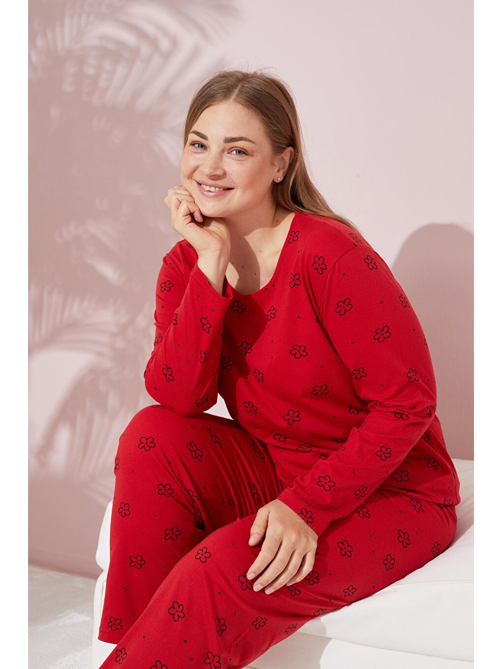 Kırmızı Çiçek Desenli Curve Büyük Beden Battal Boy Örme Pamuklu Pijama Takımı-2