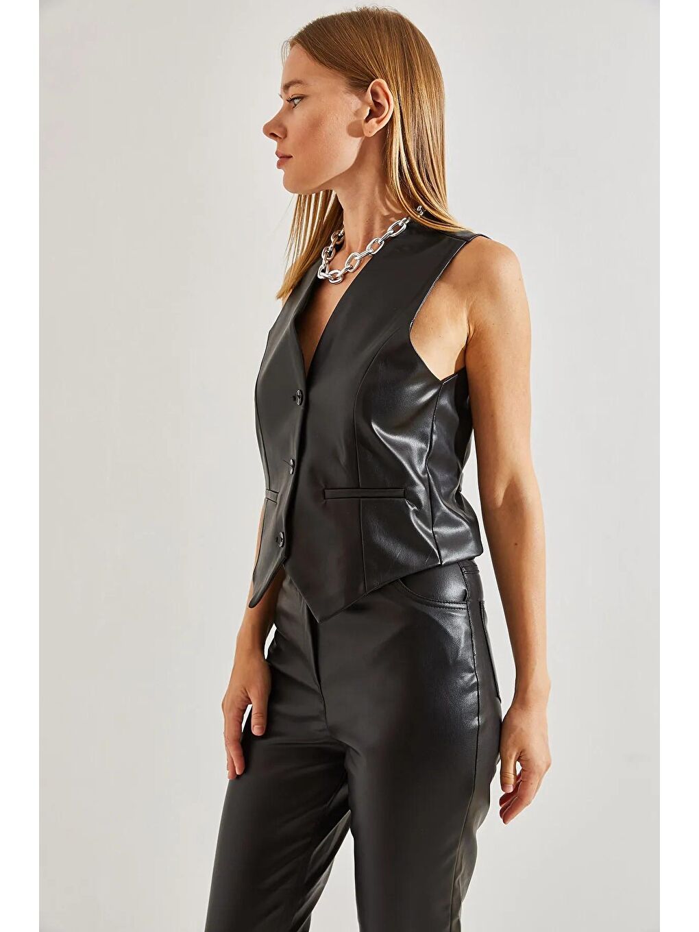 Siyah Kadın Suni Deri Klasik Yelek-3