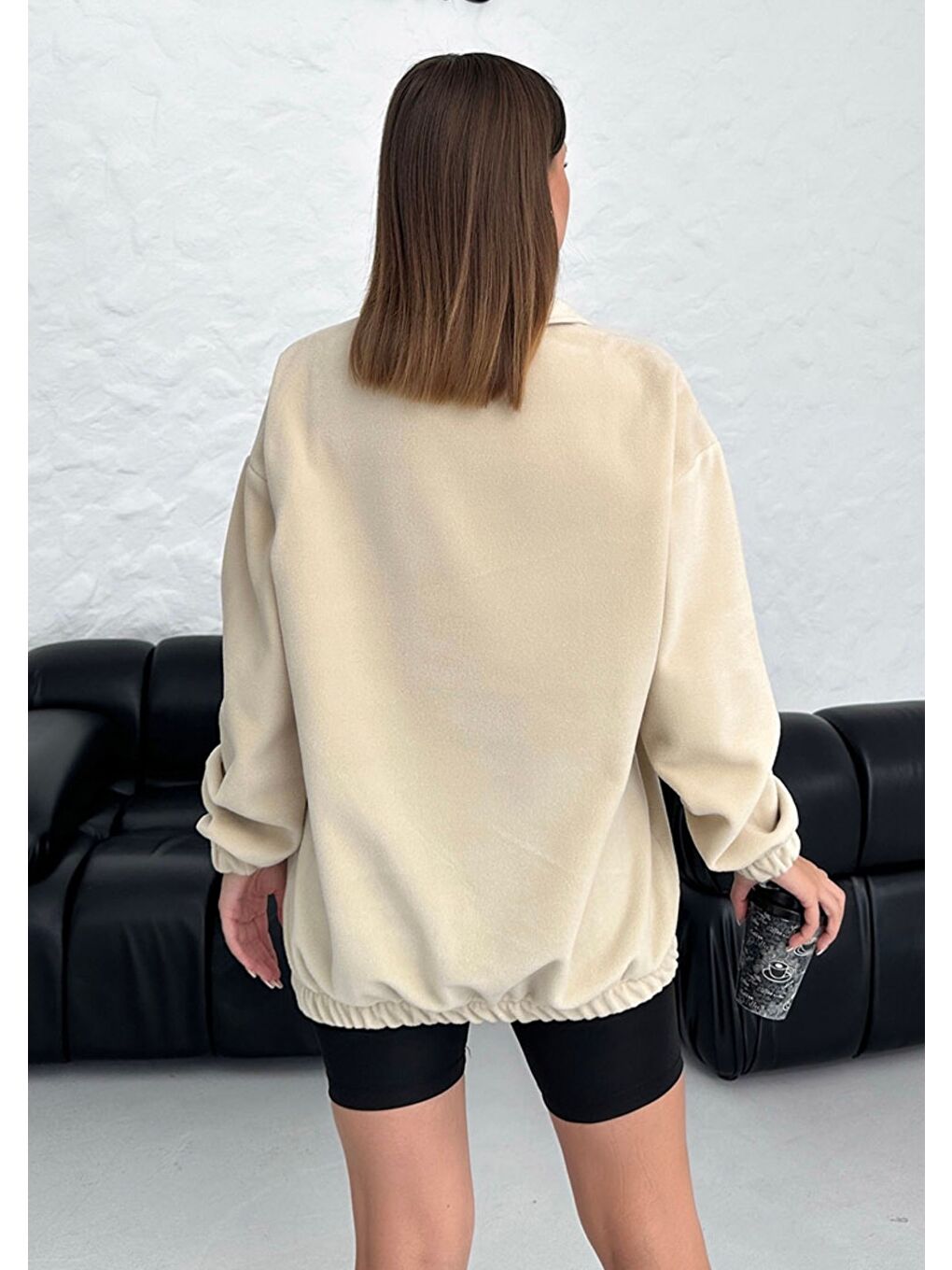 Kadın Bej Los Angeles Baskılı Oversize Yarım Fermuarlı Polo Yaka Polar Sweatshirt-5