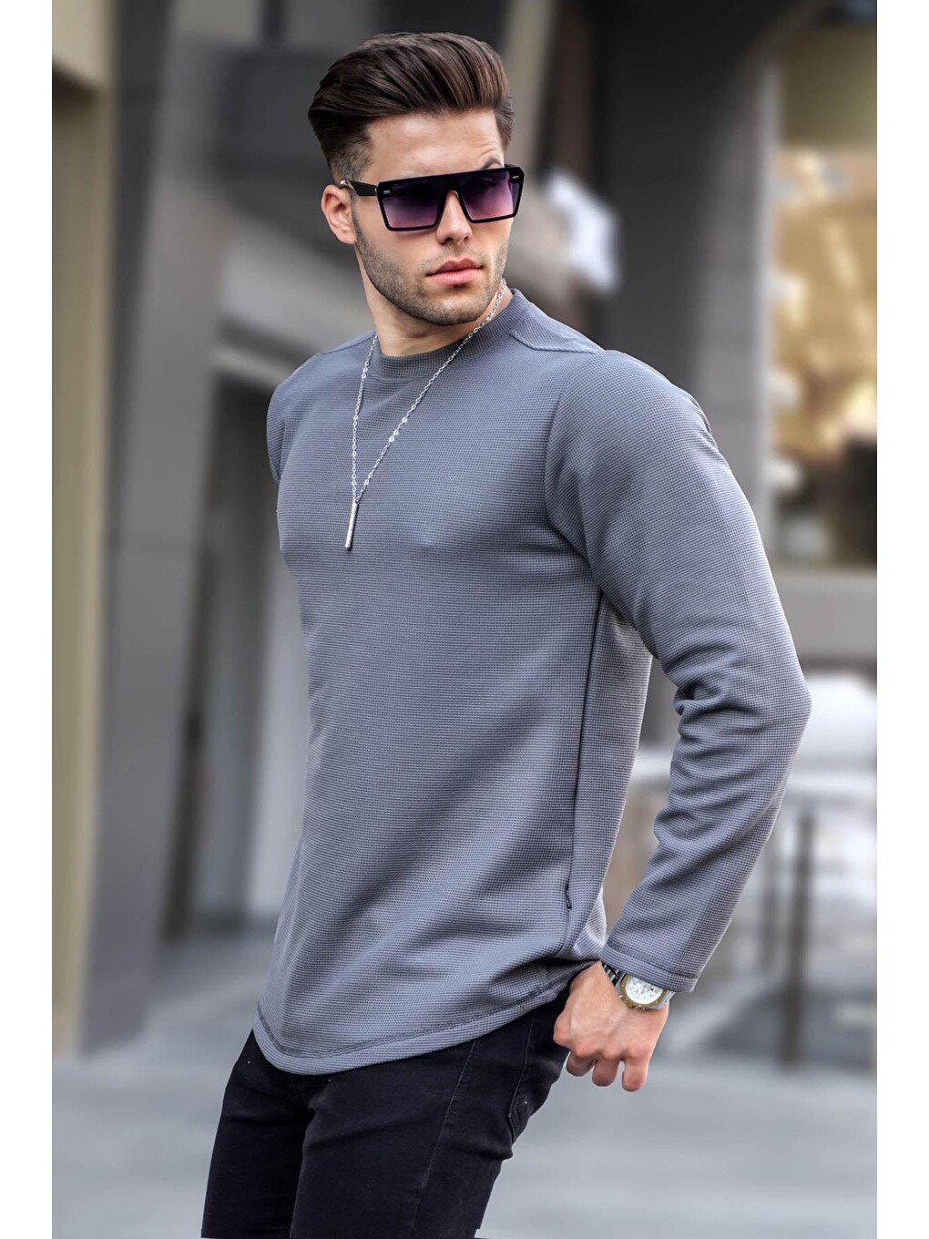 Gri Füme Bisiklet Yaka Regular Fit Basic Sweatshirt 6023