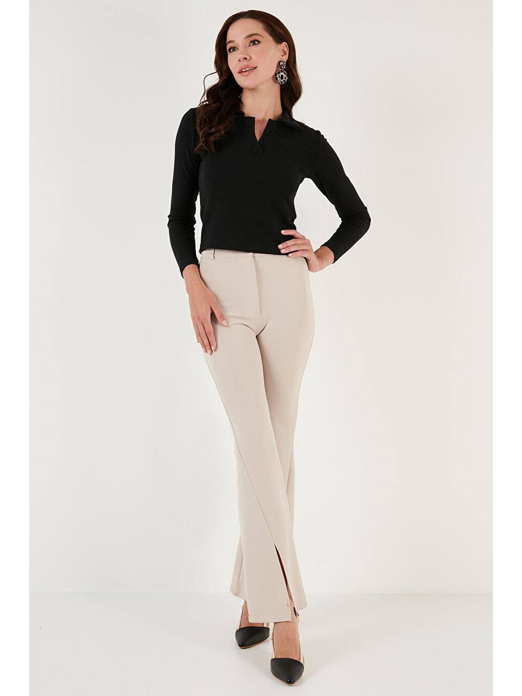 Siyah Dar Kesim Bürümcük Kumaş Fitilli Polo Yaka Bluz 5865448-3