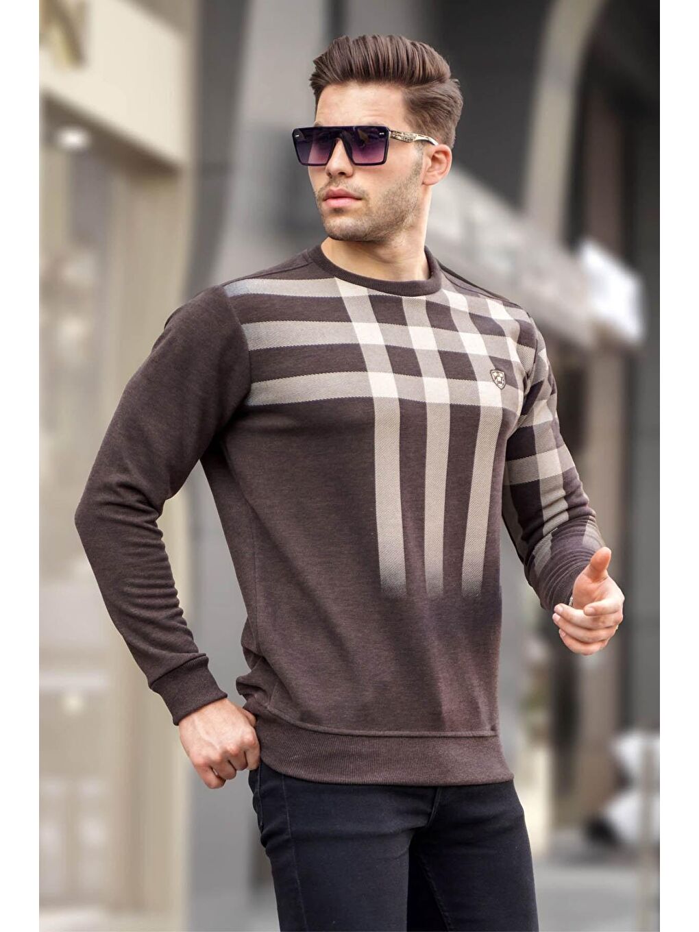 Kahverengi Bisiklet Yaka Baskılı Sweatshirt 6031