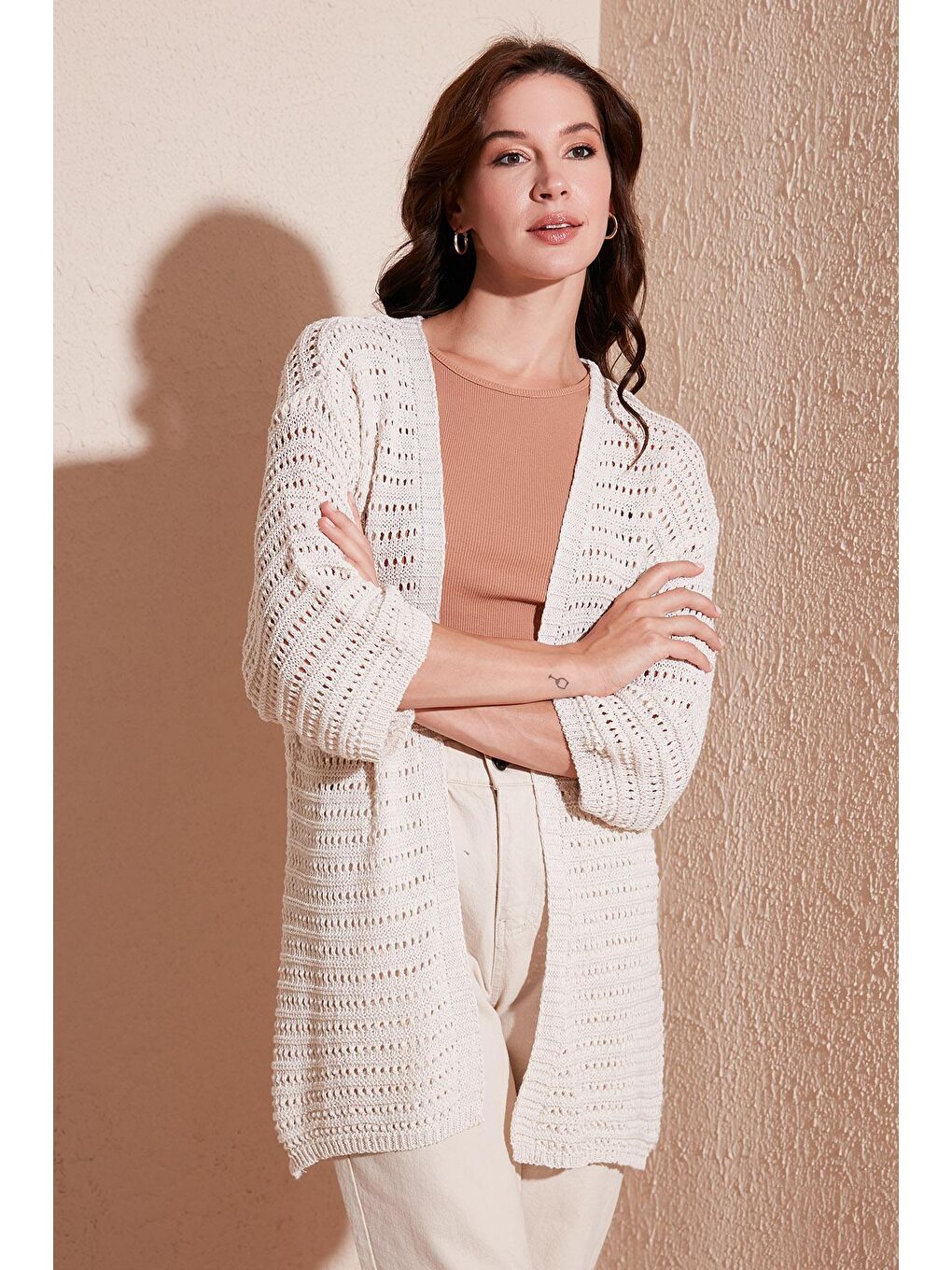 Ekru Ajurlu Truvakar Kol Örme Uzun Hırka 6071573