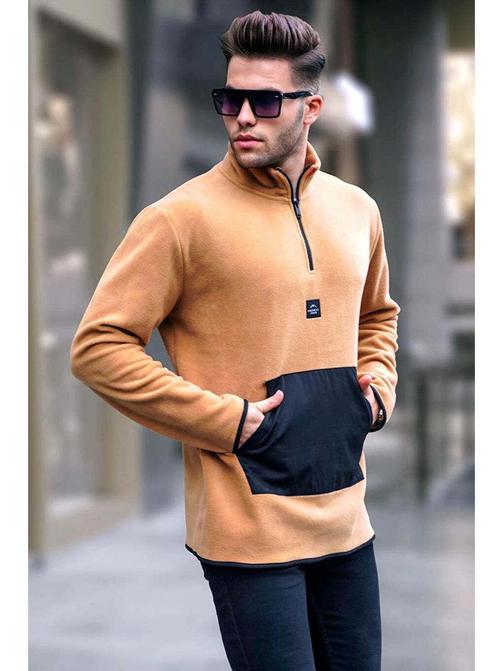 Madmext Deve Tüyü Erkek Camel Bato Yaka Kanguru Cepli Soğuk Geçirmez Polar Sweatshirt 6018