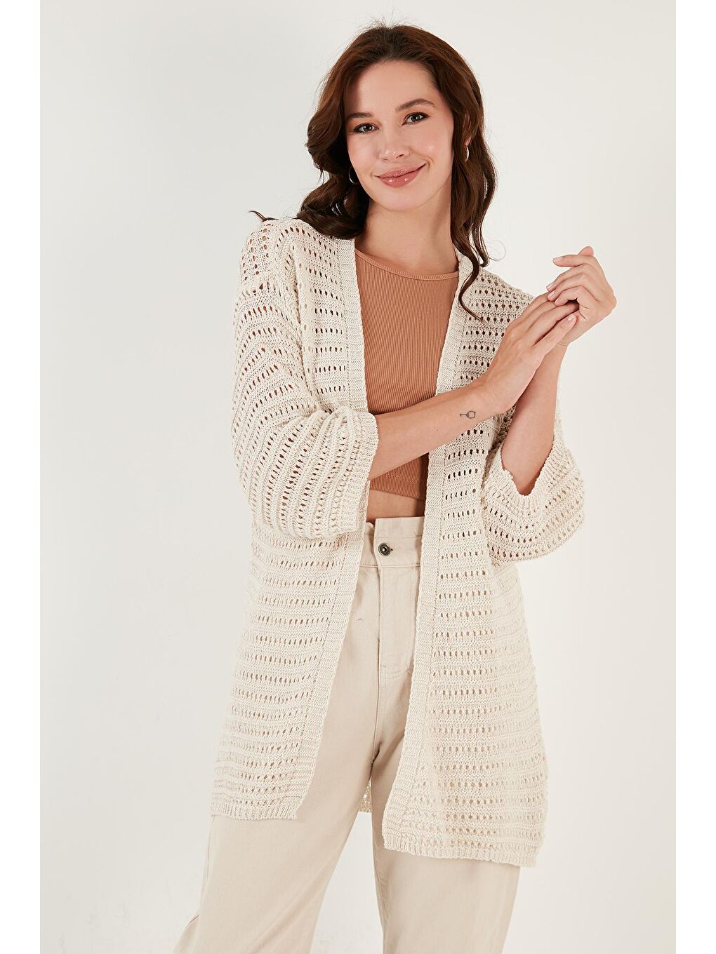 Ekru Ajurlu Truvakar Kol Örme Uzun Hırka 6071573-1