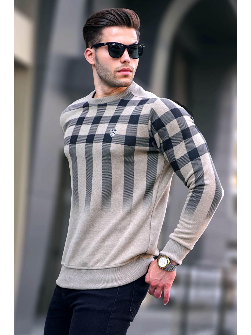 Bej Camel Bisiklet Yaka Baskılı Sweatshirt 6031