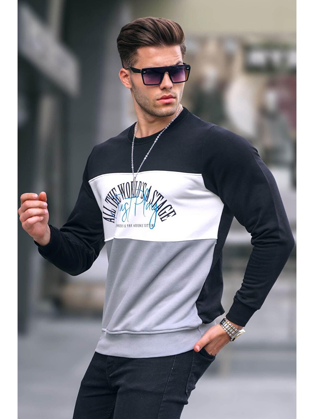 Siyah Bisiklet Yaka Baskılı Sweatshirt 6013