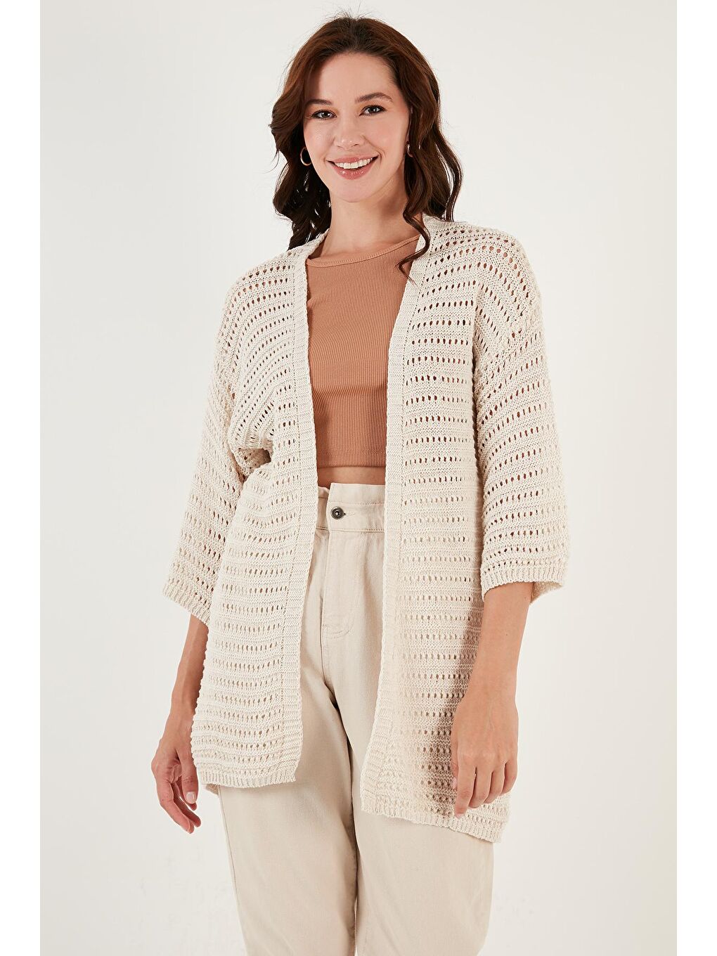 Ekru Ajurlu Truvakar Kol Örme Uzun Hırka 6071573-2