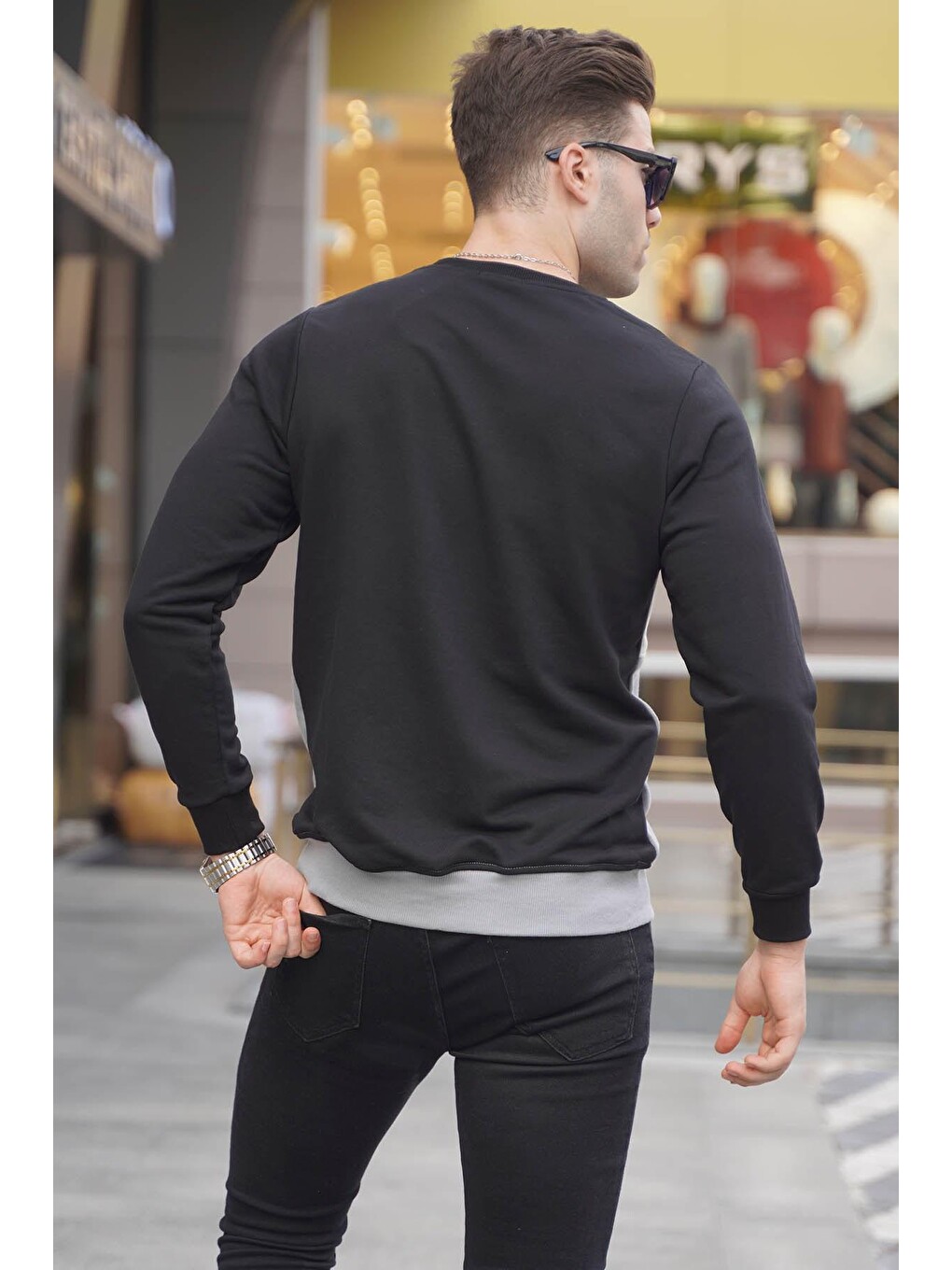 Siyah Bisiklet Yaka Baskılı Sweatshirt 6013-1